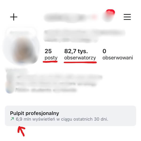 Screenshot z Instagrama pokazujący 82,7 tys. obserwatorów i 6,9 mln wyświetleń w pulpicie profesjonalnym